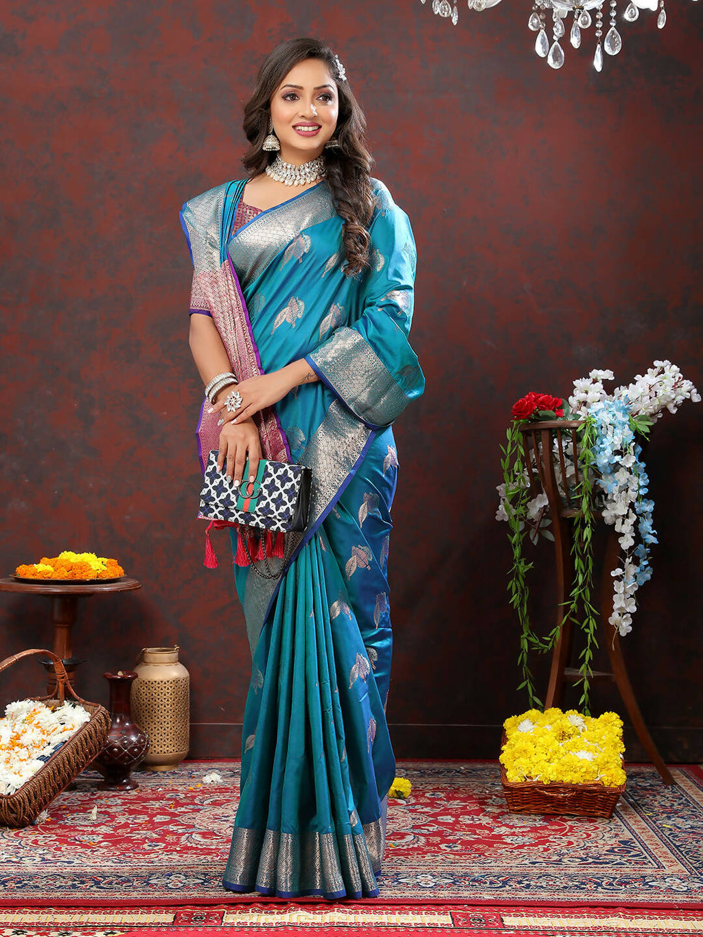 Lorenvalley Fashion Rama Soft Silk Woven Design Zari Weaving Saree | Grocsy