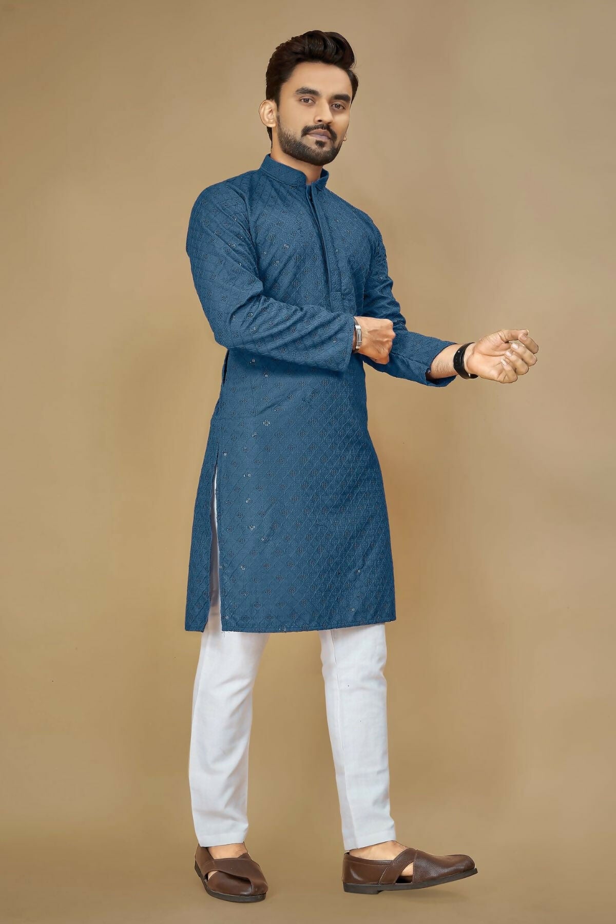Anaita Teal Embroidered Rayon Straight Kurta | Grocsy
