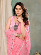Aafreen Partywear Designer Pink Georgette Fancy Saree | Grocsy