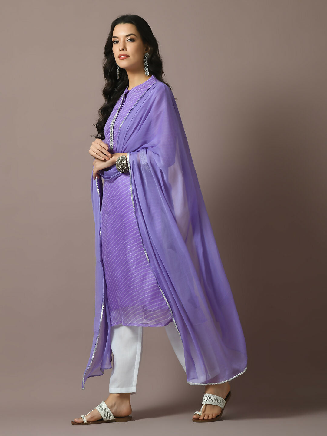 Myshka Women's Lavender Printed Kota Straight Party Kurta Set With Dupatta | Grocsy