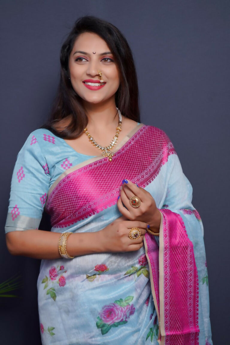 Jyoti Fashion Women's Pink Linen Silk Digital Print with Jacquard Woven Border Saree with Blouse | Grocsy