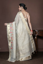 Morchari Beige Banarasi Tissue Computer Embroidery Saree Unstitched Blouse | Grocsy