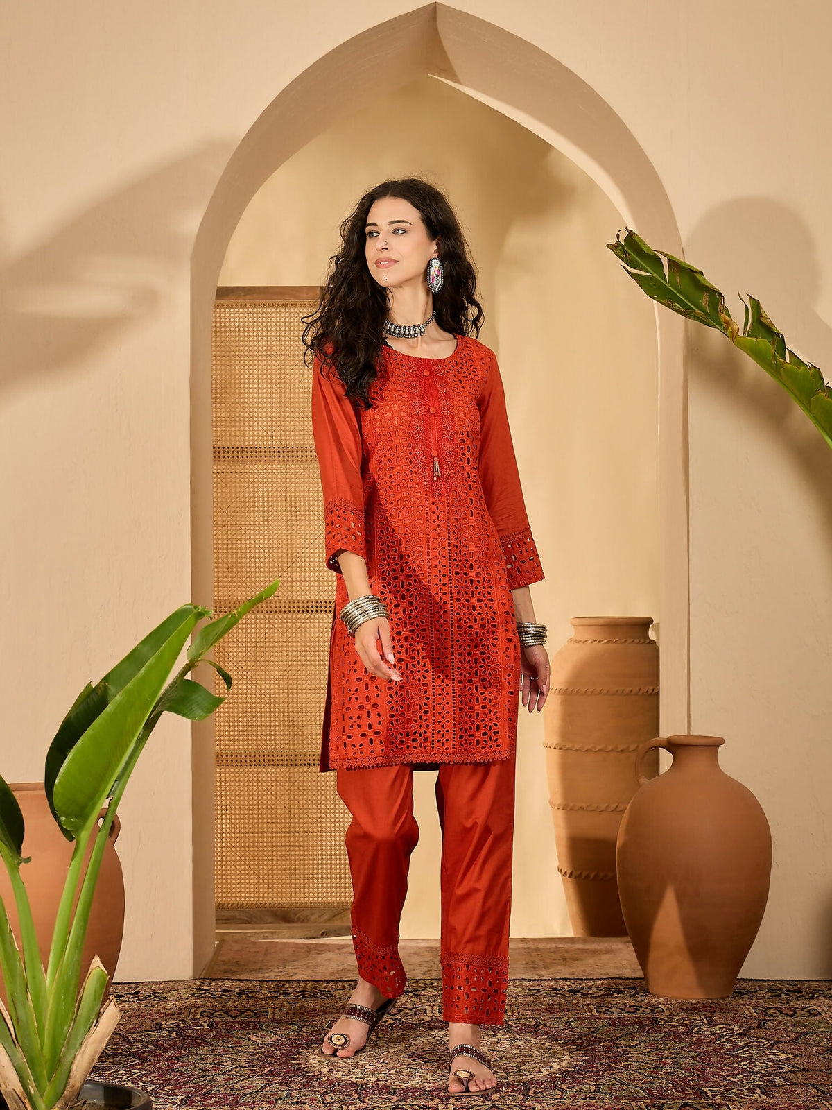 Joban Fashion Embroidery Rust Pure Cotton Cord Set | Grocsy
