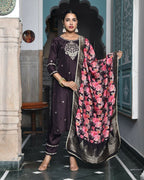 Vaasva Women's Silk Emboidered Solid Pant Set & Digital Printed Dupatta | Grocsy