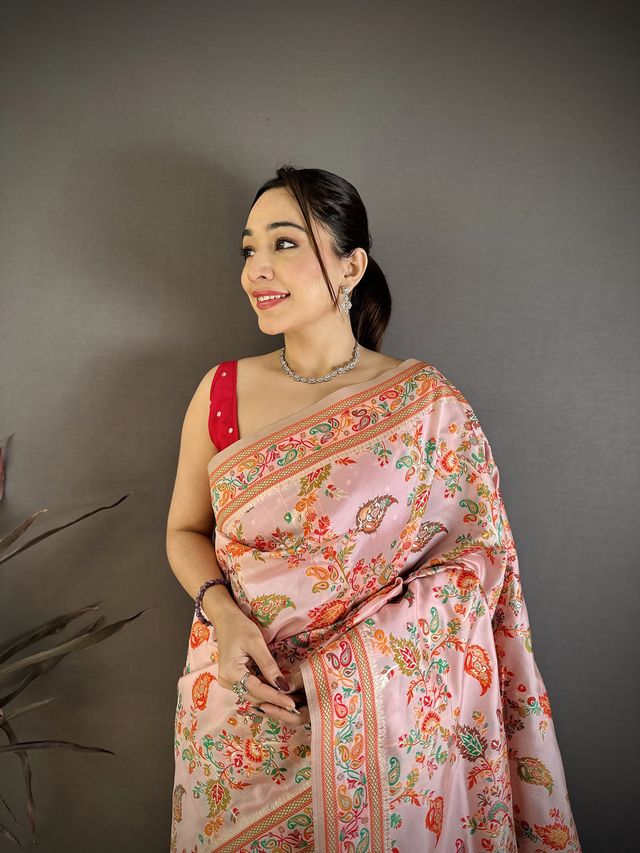 Elora Pretty Pink Pashmina Silk Meenakari Weaving Madhubani Design Kashmiri Saree | Grocsy