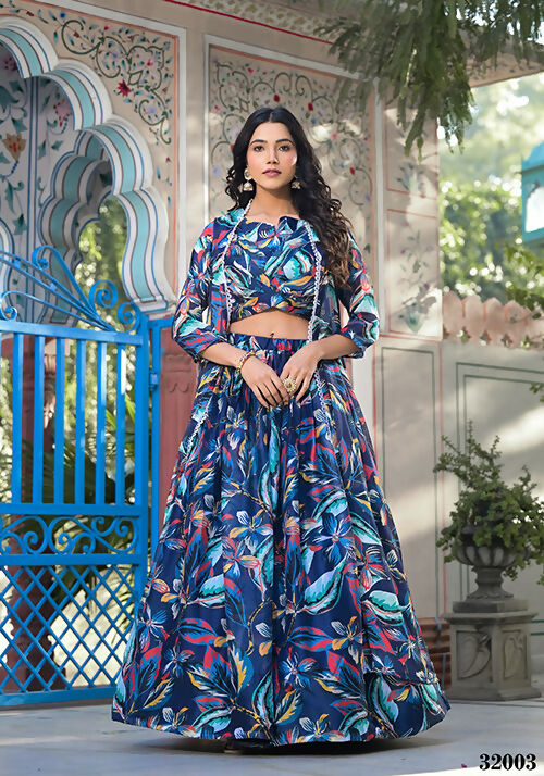 Wedding Partywear Blue Slim Georgette Lehenga Choli with Shrug- Shehnaaz | Grocsy