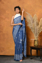 Very Much Indian Handblock Printed Cotton Saree With Natural Dyes - Cyan Blue | Grocsy