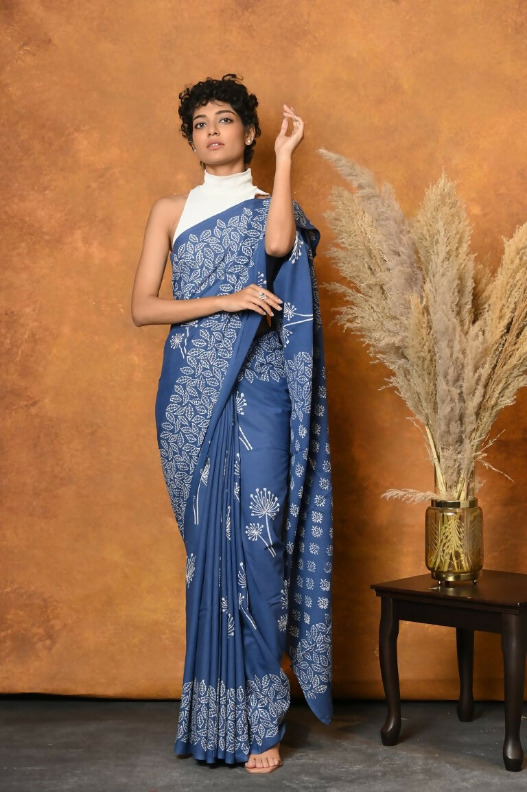 Very Much Indian Handblock Printed Cotton Saree With Natural Dyes - Cyan Blue | Grocsy