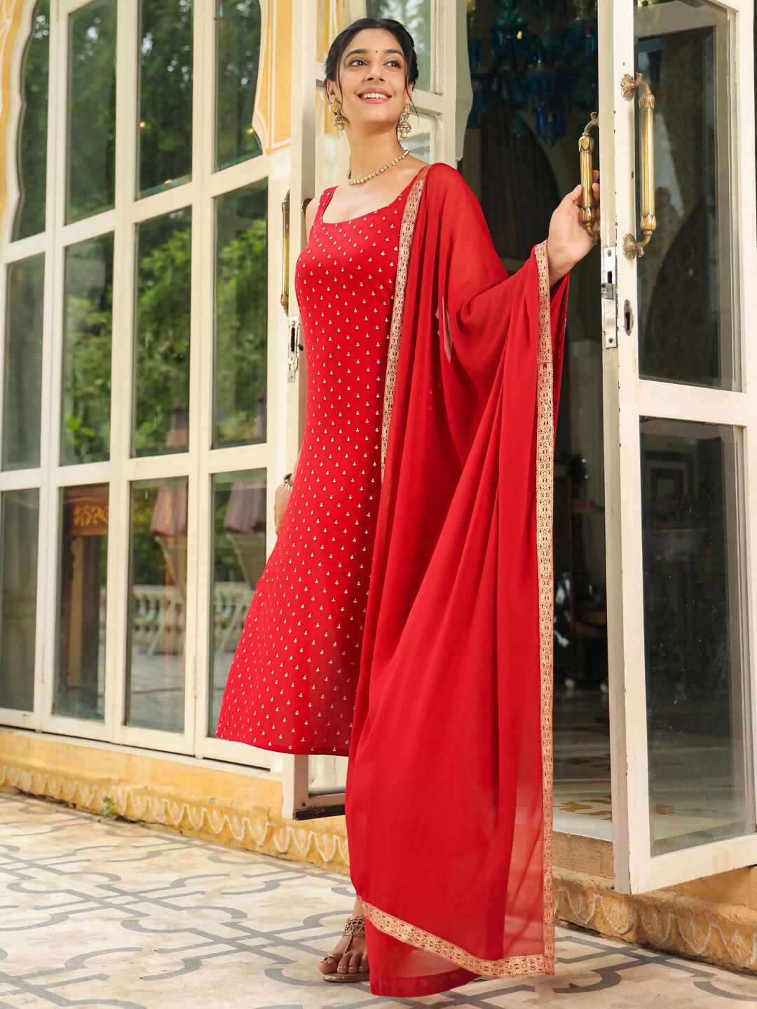 Janasya Maroon Rayon Foil Print Kurta,Bottom & Dupatta | Grocsy