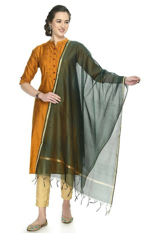 Mominos Fashion Moeza Banarsi Piping Bottle Green Dupatta | Grocsy