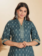 Aramya Blue Soft Cotton Block Straight Kurta for Women | Grocsy