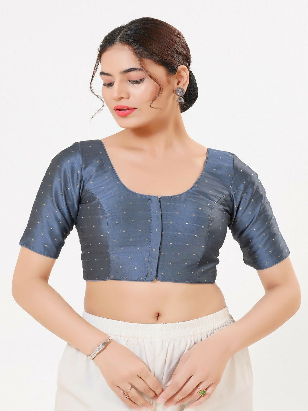 Joban Fashion Dark-Grey Taffeta Silk Elbow Sleeveless Front Open Blouse | Grocsy