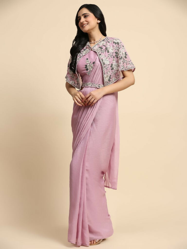 Pink Chiffon Solid Ready to wear Saree with stitched Blouse - Aayan | Grocsy