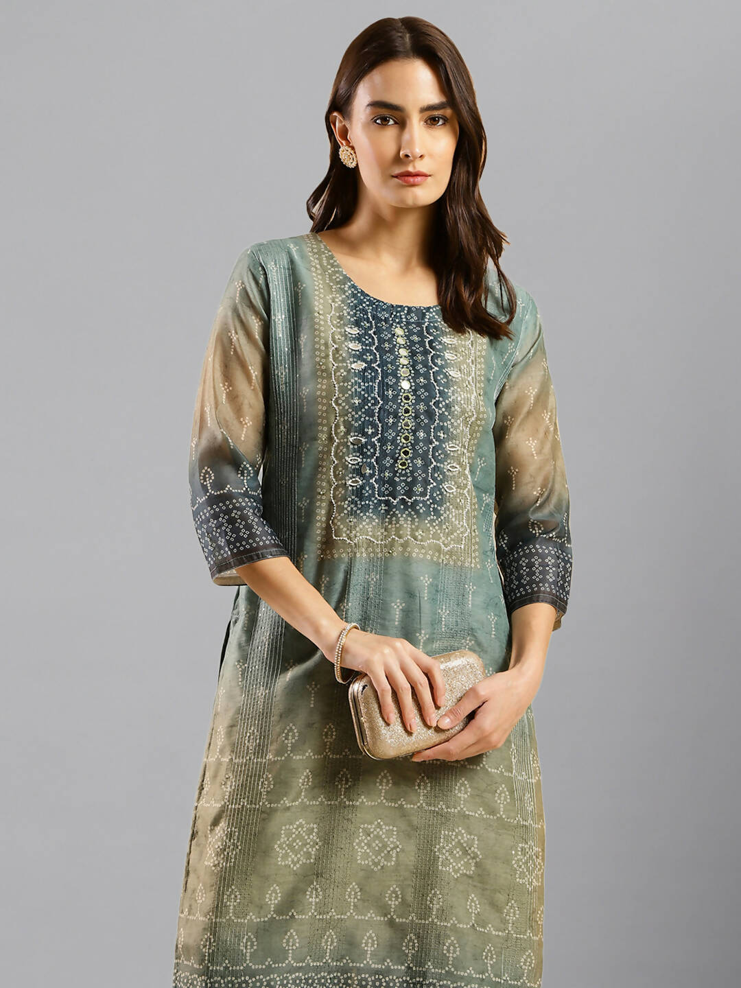 Blue Chinon Digital Printed With Hand Work Kurta - Himanshi | Grocsy