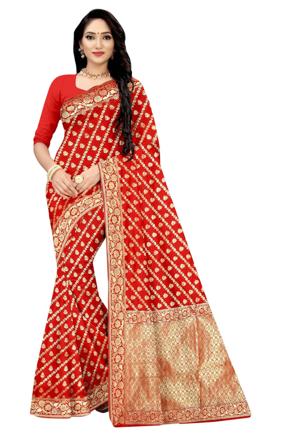Vamika Weaving Banarasi Jacquard Saree - Red | Grocsy