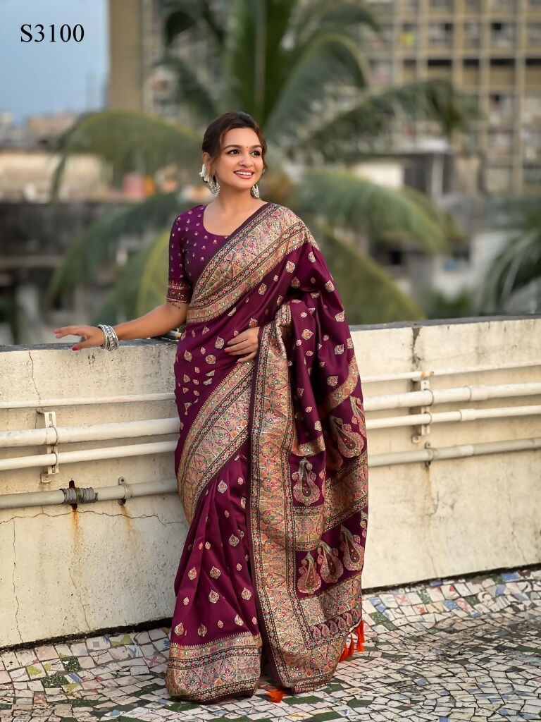 Magenta Pashmina Silk Wevon Kashmiri Meenakari Designer Saree with Unstitched Blouse - Vandini | Grocsy