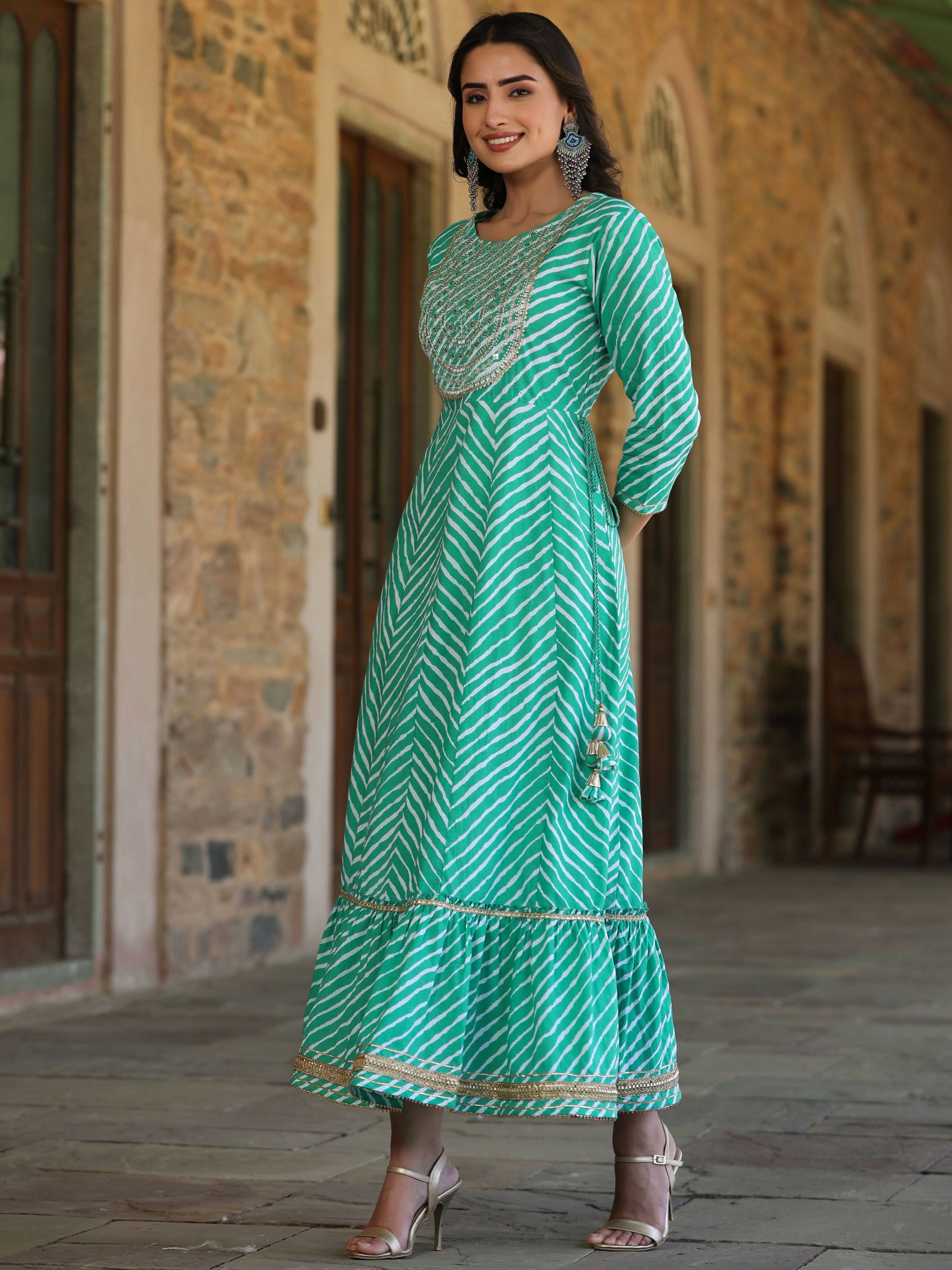 Juniper Women's Green Printed Embroidered Mirror Work Sequin Cotton Flared Dress | Grocsy