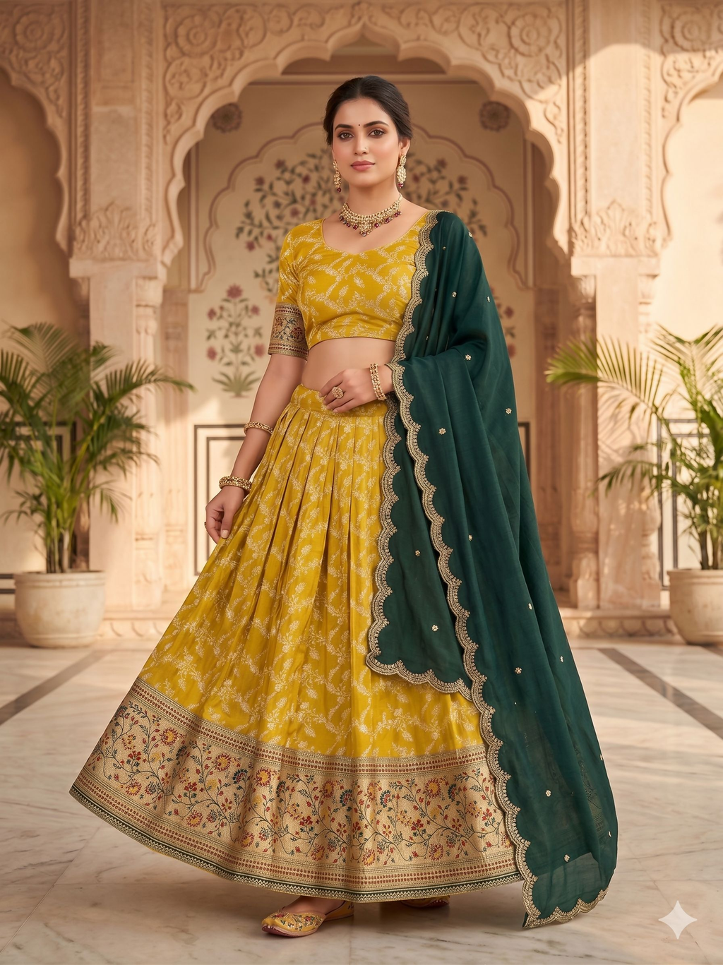 Teeya Creation Traditional Mustard Lehenga Choli Set with Festive Dark Green Embroidered Dupatta | Grocsy