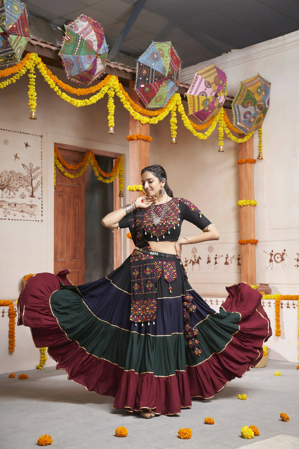 Multi Color Viscose Rayon Thread Embroidery with mirror work Navratri Lehenga Choli with Dupatta - Raas | Grocsy