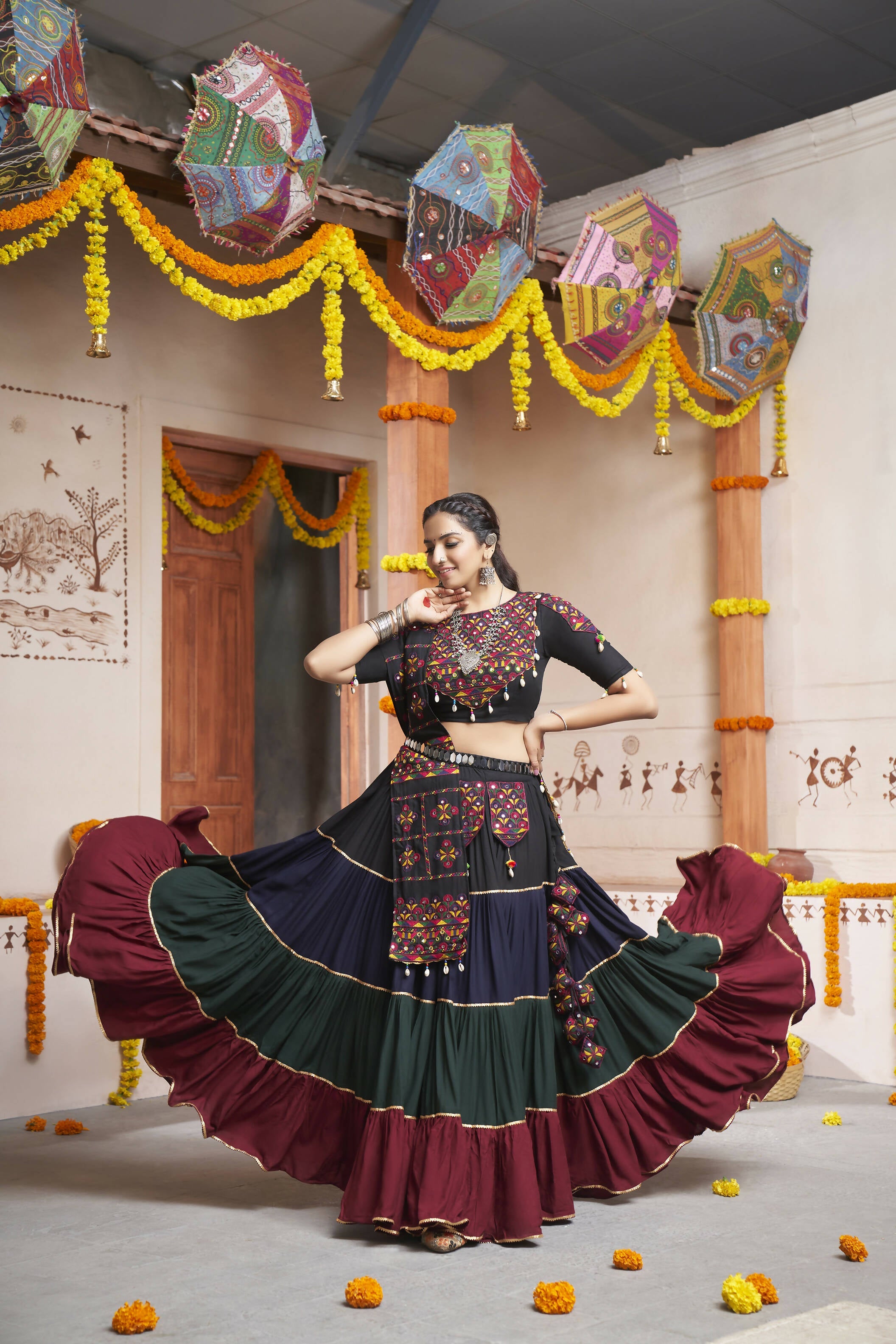 Multi Color Viscose Rayon Thread Embroidery with mirror work Navratri Lehenga Choli with Dupatta - Raas | Grocsy