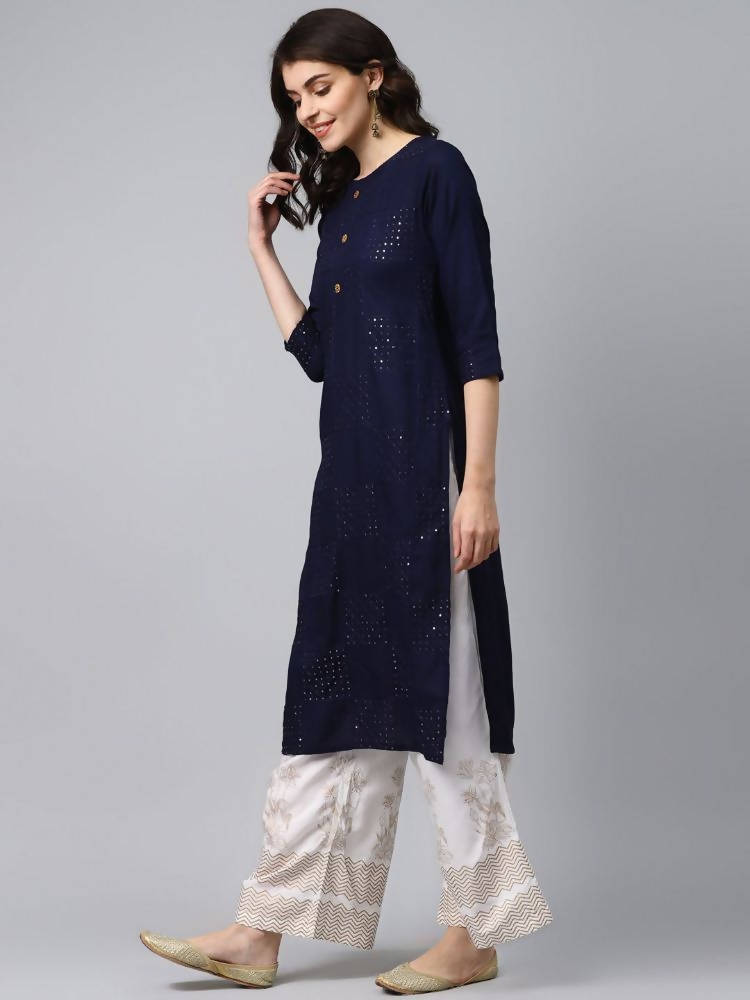 Yufta Women Navy Blue & White Solid Kurta with Palazzo | Grocsy