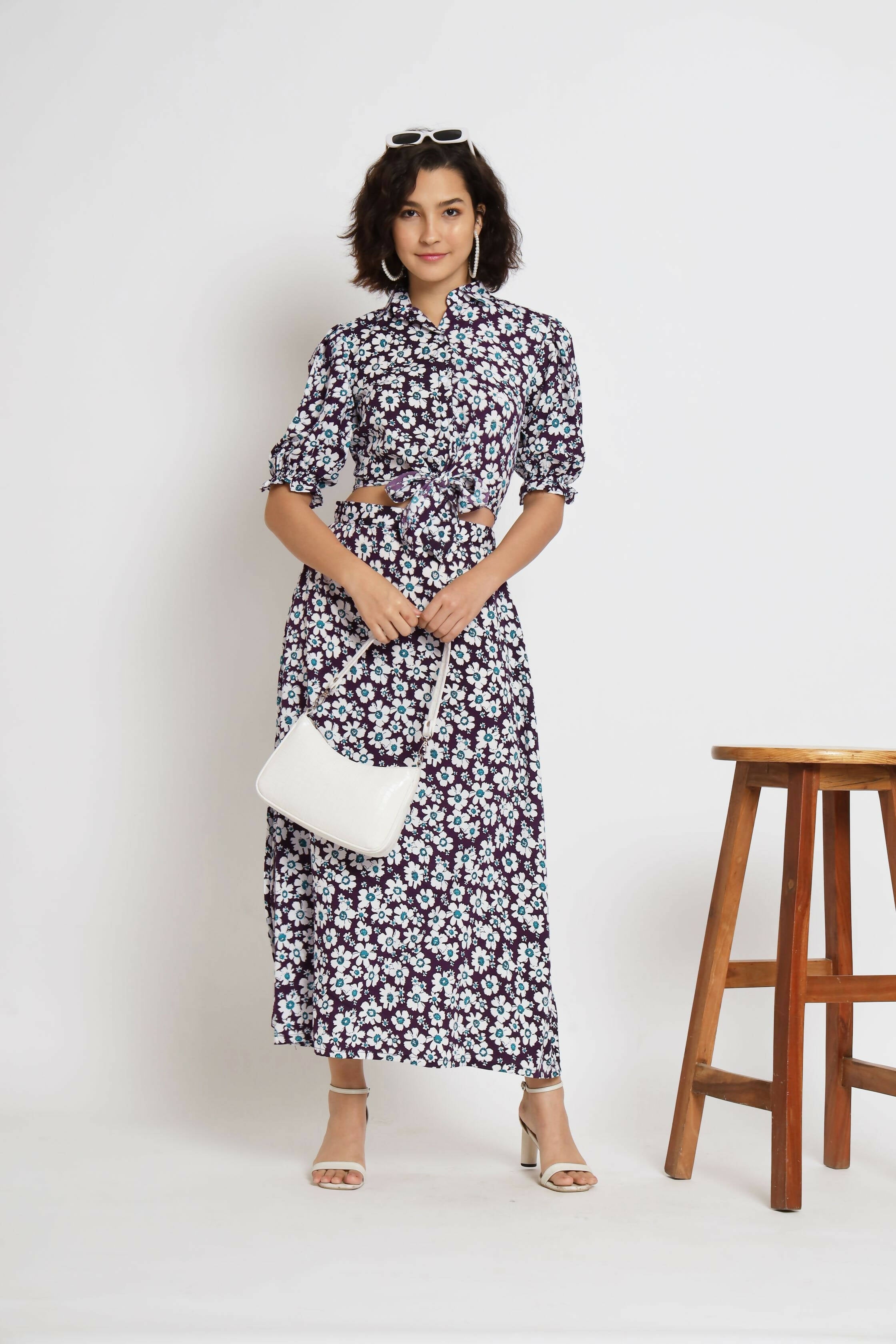 Purple Crepe Floral Printed Top with Matching Skirt - Shivani | Grocsy