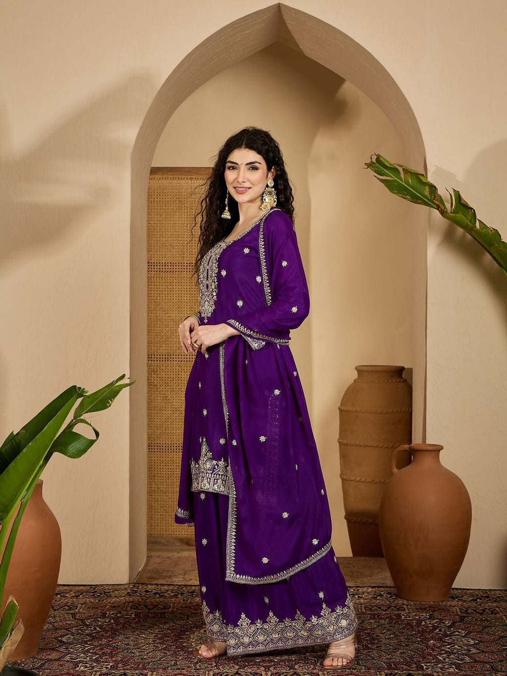 Joban Fashion Embroidery Purple Chinon Silk Kurta Set | Grocsy