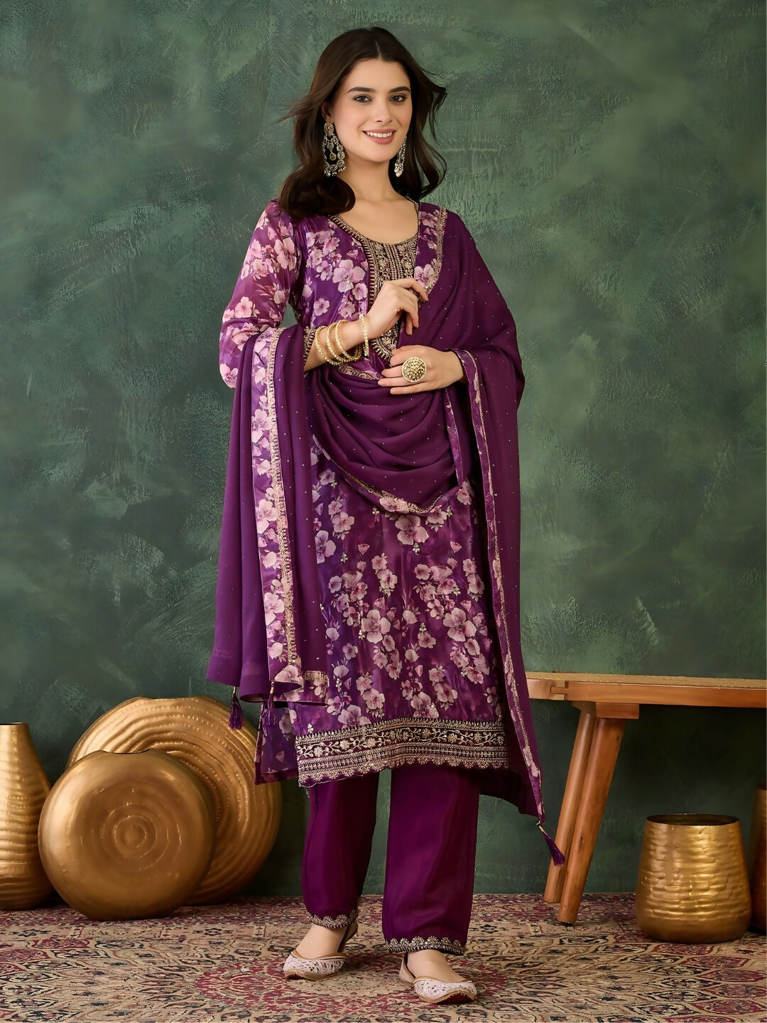 The52 Women's Beautiful Embroidery Work Chinon silk Fabric Straight Kurta Pant and Dupatta Set | Grocsy