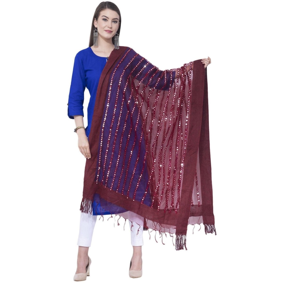 A R Silk Mehroon Color Mirror Stripe Orgenza Cotton Dupattas and Chunnis | Grocsy
