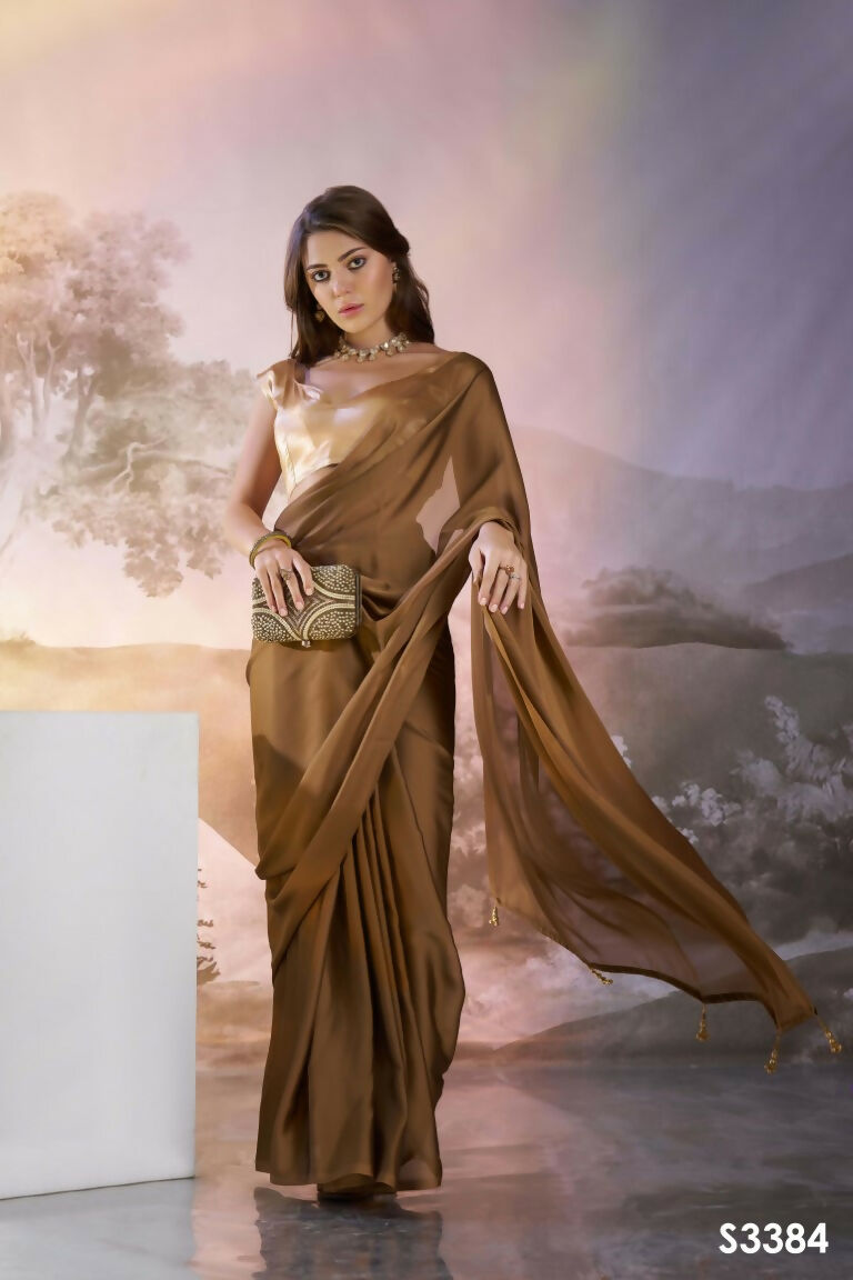 Copper Satin Rangoli Solid Fancy Designer Saree - Nafisa | Grocsy