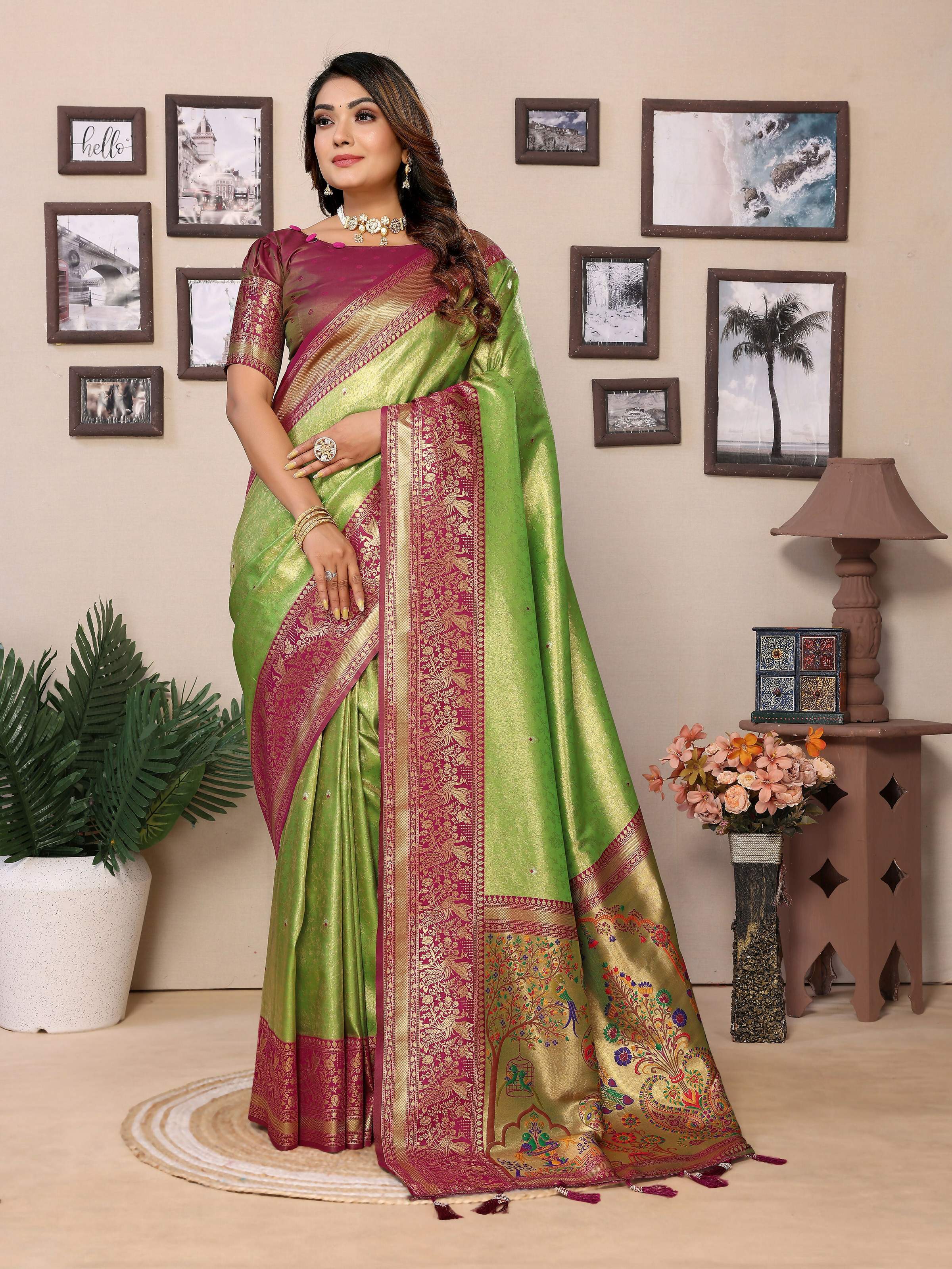 Aastha Fashion Pista Tissue Silk Weaving Saree | Grocsy