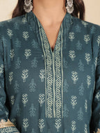 Aramya Blue Soft Cotton Block Straight Kurta for Women | Grocsy
