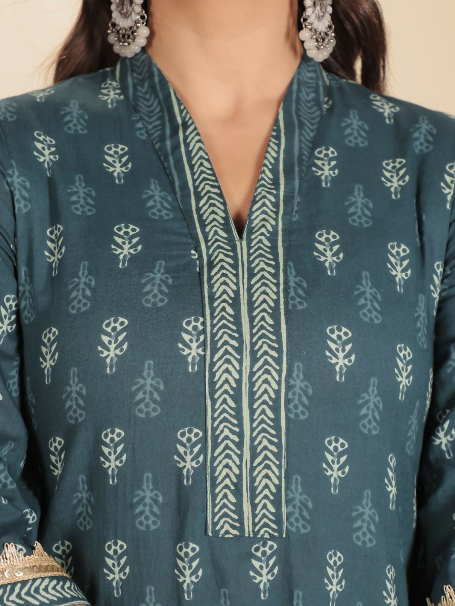 Aramya Blue Soft Cotton Block Straight Kurta for Women | Grocsy