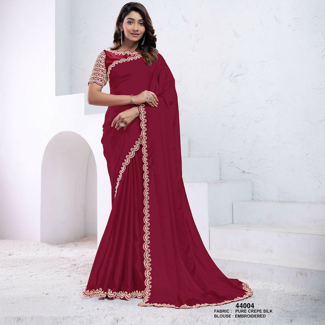 Red Pure Crepe Silk Moti With Hand Work Saree With Unstitched Blouse - Norita Swaraa | Grocsy