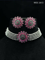 Mominos Fashion Johar Kamal Oxidised Silver-Plated Brass Finish Kundan Choker For Women (Pink) | Grocsy