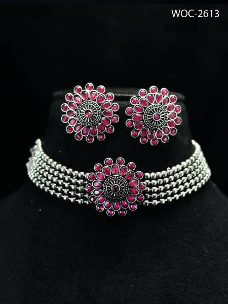 Mominos Fashion Johar Kamal Oxidised Silver-Plated Brass Finish Kundan Choker For Women (Pink) | Grocsy