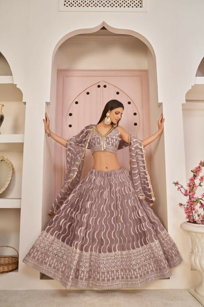 Aastha Fashion Onion Pink Butterfly Net White Cotton Thread Work, Zari Work And Sandwich Sequence Work Embroidery Wedding Wear Lehenga Choli | Grocsy