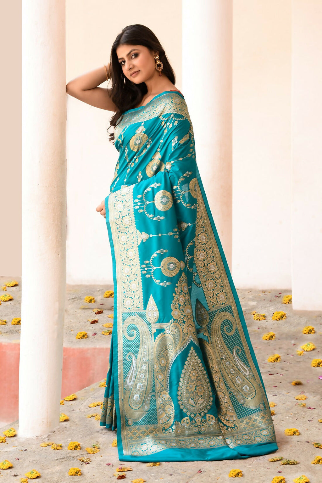 Joban Fashion Teal Green Banarasi Soft Pure Handloom Banarasi Silk Saree | Grocsy