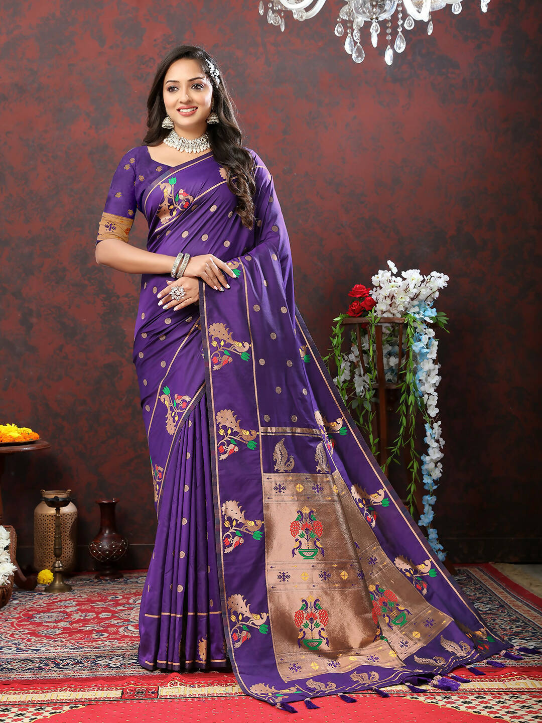 Lorenvalley Fashion Purple Soft Paithani Silk Woven Design Copper Zari Meenakari Weaving Saree | Grocsy