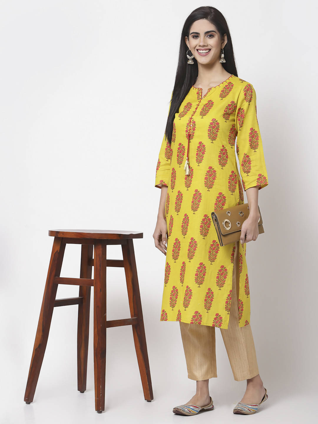 Myshka Women Yellow Pure Cotton Printed 3/4 Sleeve Round Neck Kurta | Grocsy