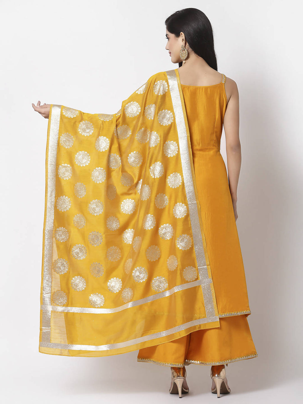 Myshka Women Yellow Silk Blend Solid Sleeveless Round Neck Neck Kurta Palazzo Dupatta Set | Grocsy