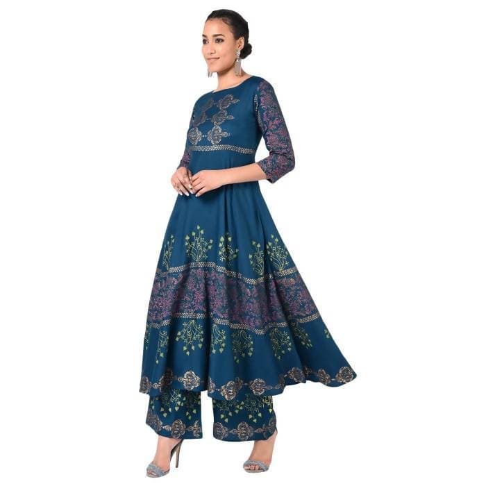Aniyah Latest Cotton Block Printed Straight Kurta Blue Palazzo Set (AN-159K) | Grocsy