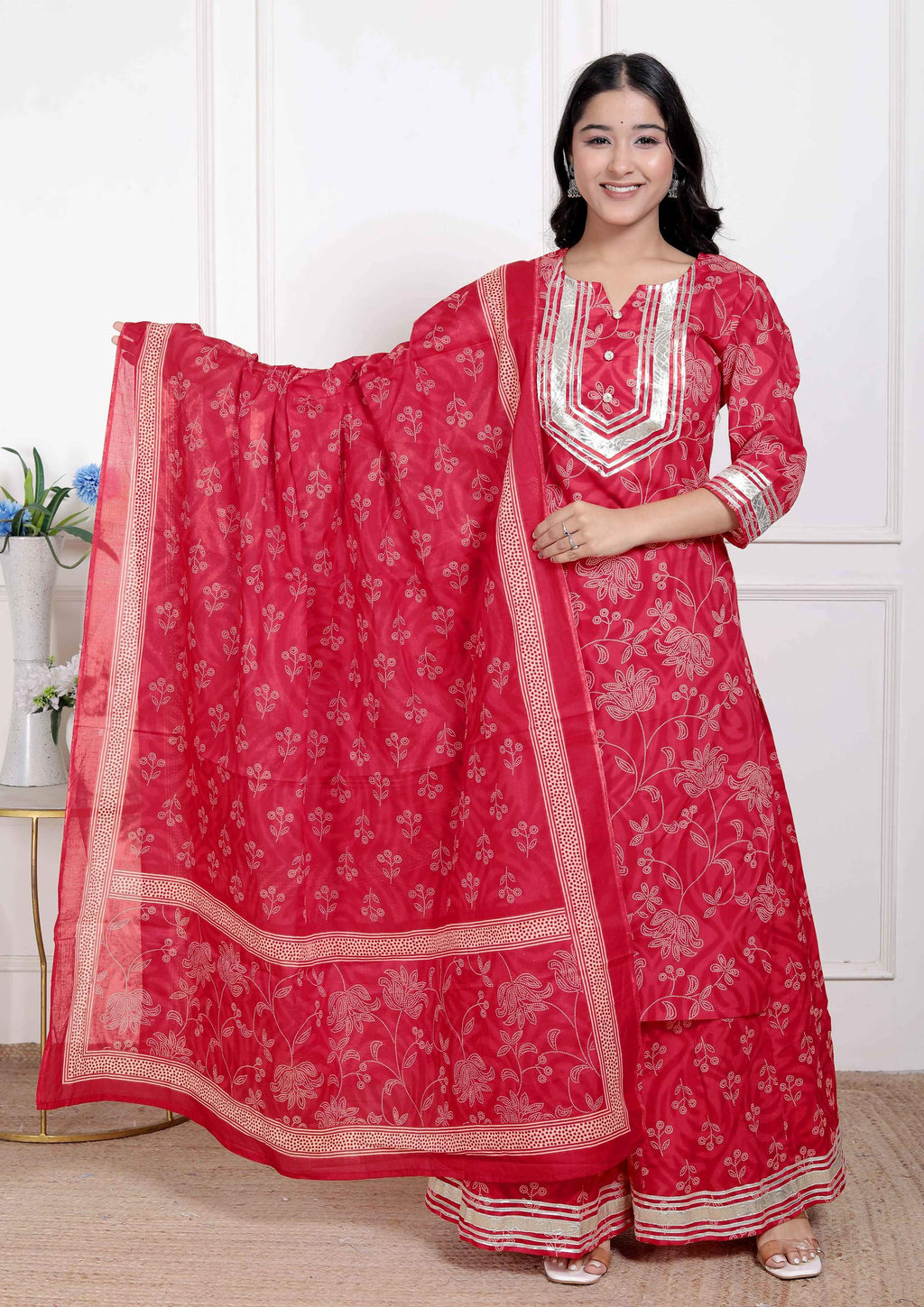 Miravan Red Floral Print Embroidered Cotton Straight Kurta with Palazzo & Dupatta | Grocsy