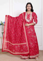 Miravan Red Floral Print Embroidered Cotton Straight Kurta with Palazzo & Dupatta | Grocsy