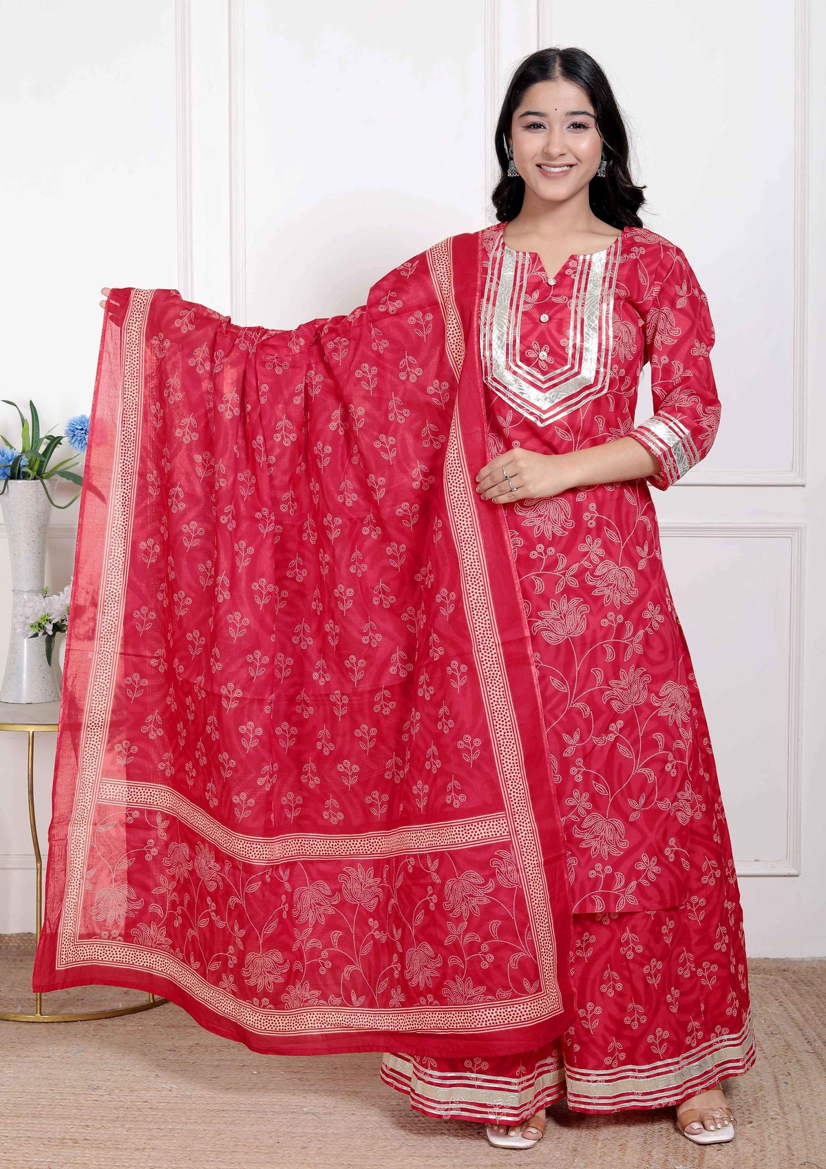 Miravan Red Floral Print Embroidered Cotton Straight Kurta with Palazzo & Dupatta | Grocsy