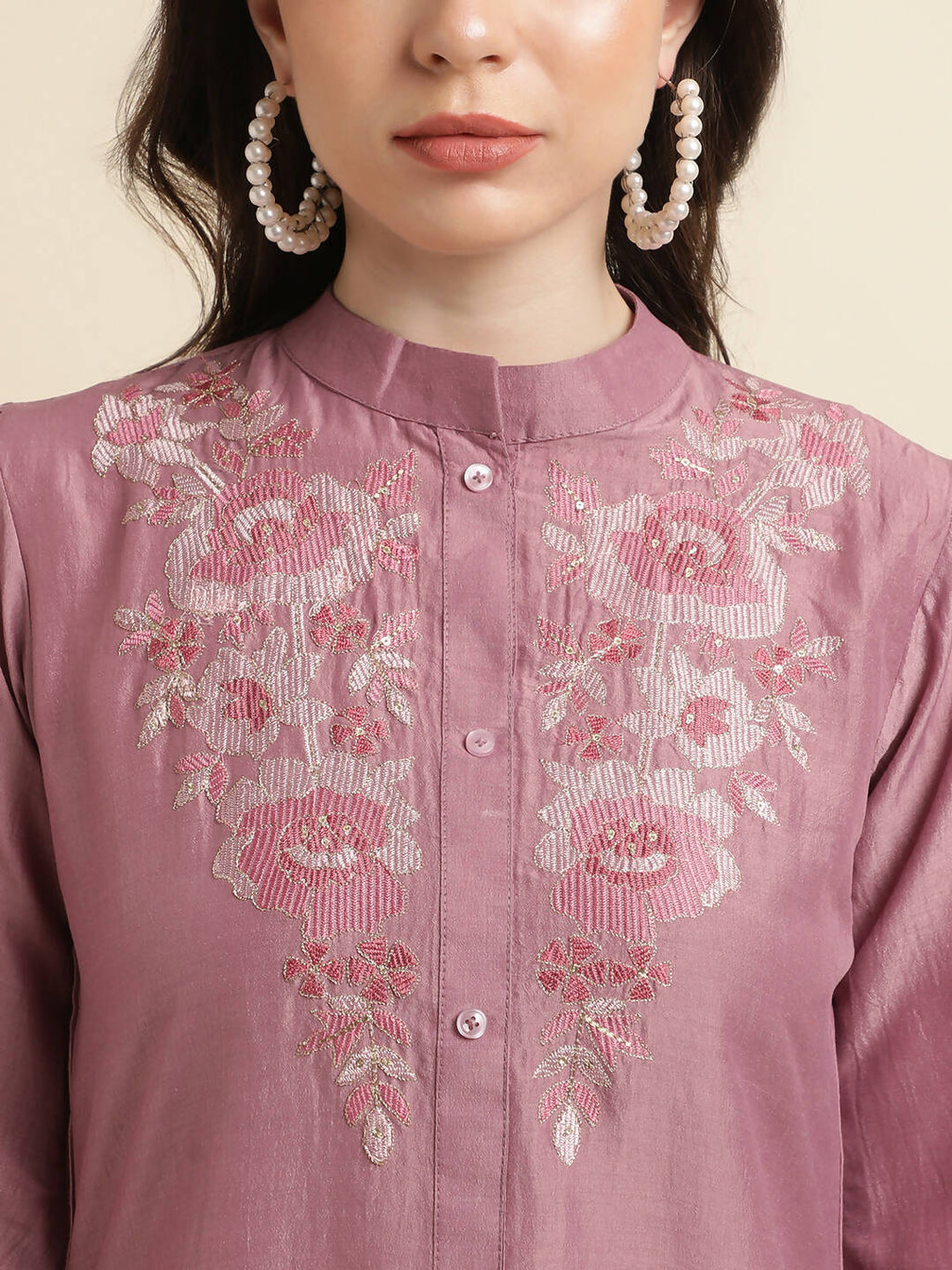 Dust Pink Chinon Yoke Embroidered A-line Top - Tarini | Grocsy