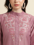 Dust Pink Chinon Yoke Embroidered A-line Top - Tarini | Grocsy
