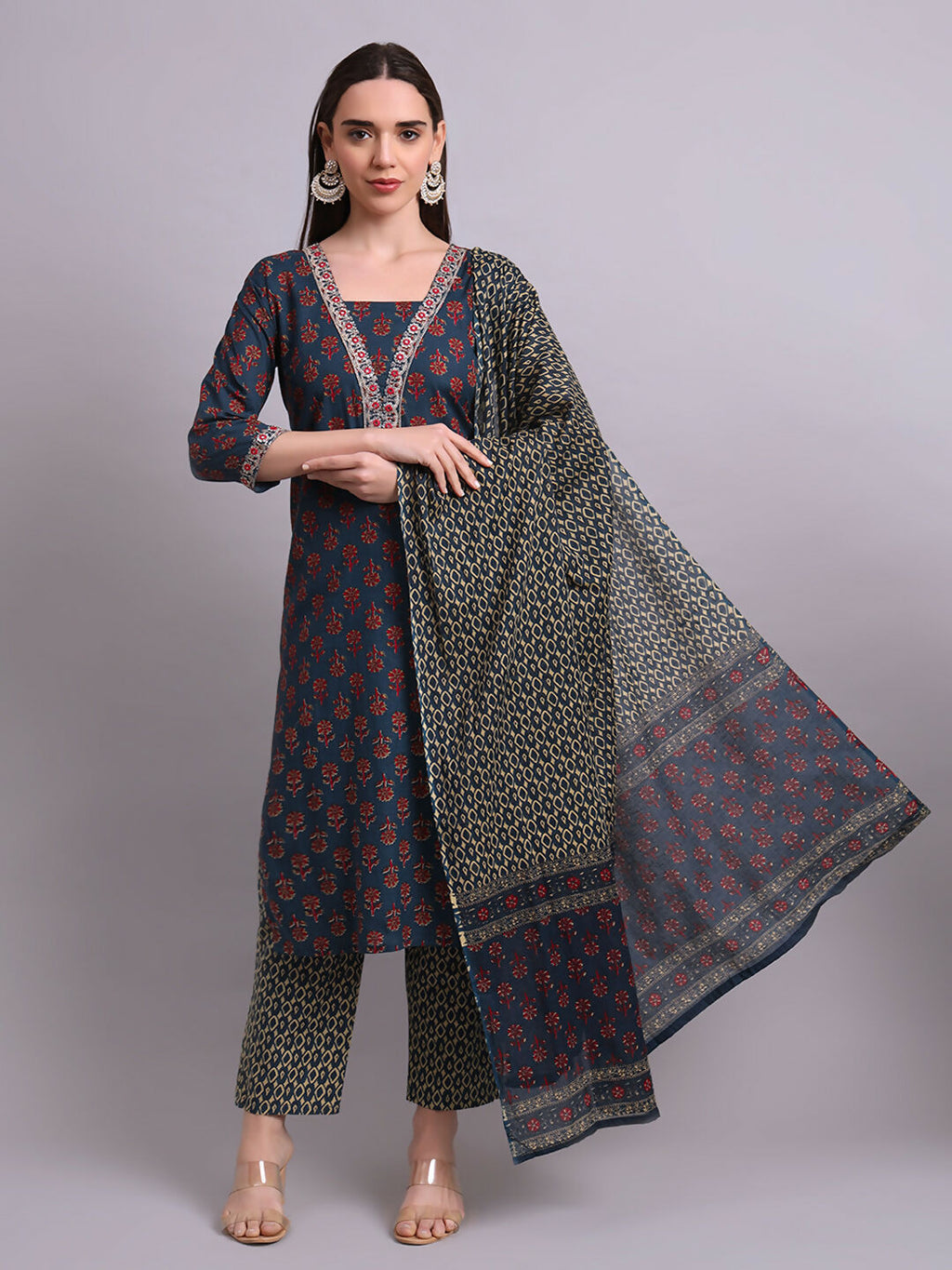 Joban Fashion Blue Cotton Buti Printed & Embroidery Work Kurta With Trousers & Dupatta Set | Grocsy