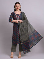 Joban Fashion Blue Cotton Buti Printed & Embroidery Work Kurta With Trousers & Dupatta Set | Grocsy