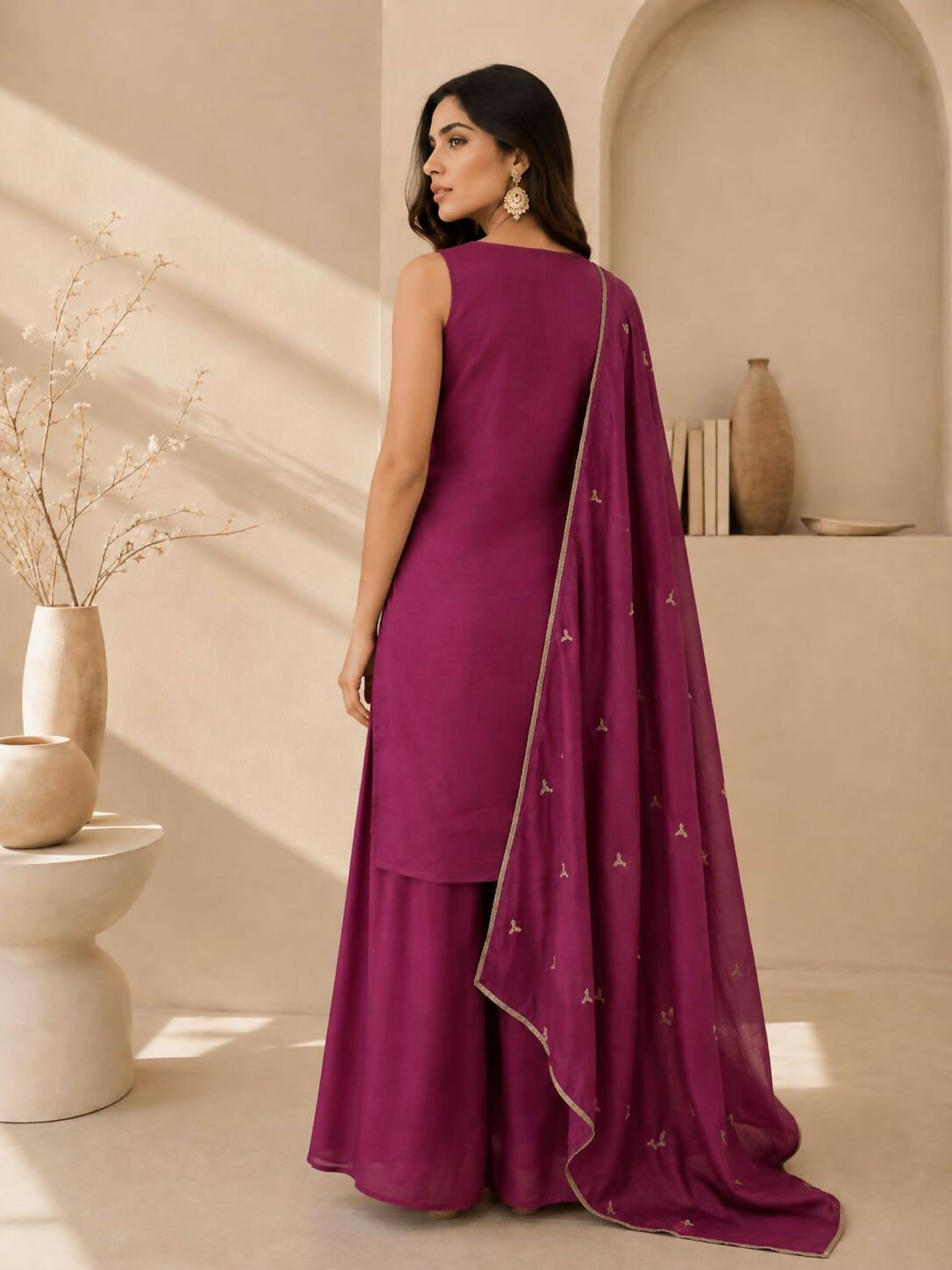 Teeya Creation Wine Embroidered Georgette Straight Kurta With Palazzo And Dupatta Set | Grocsy